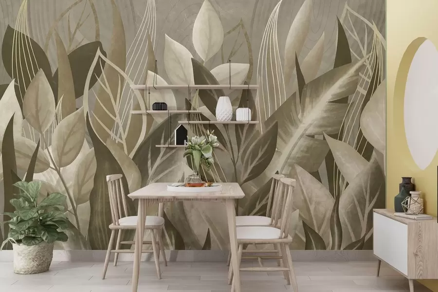 Wall Mural Photo Wallpaper Abstract leaves in beige and green tones w05148