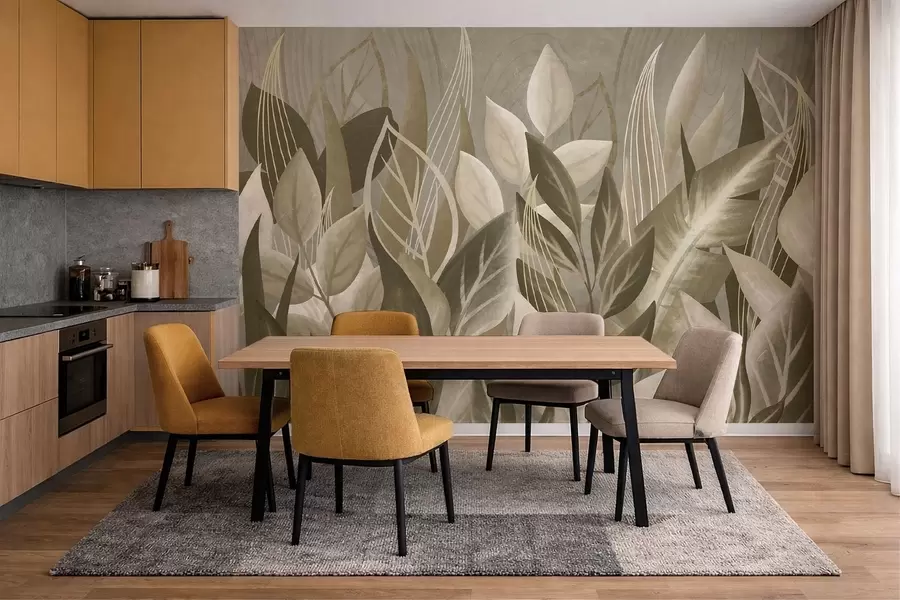 Wall Mural Photo Wallpaper Abstract leaves in beige and green tones w05148