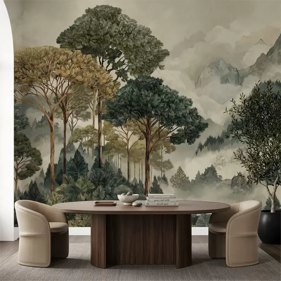 Wall Mural Photo Wallpaper Forest with tall trees in misty mountains w05410