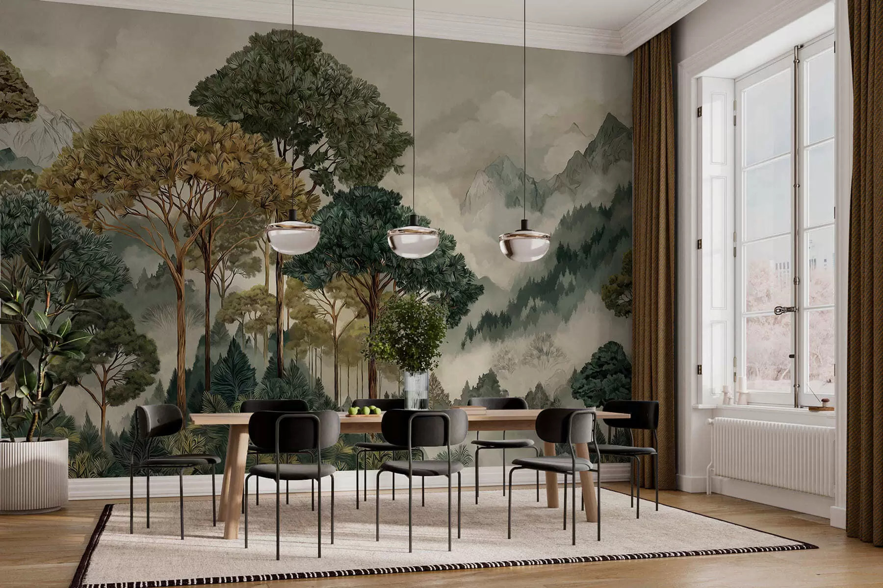 murales Bosque con árboles altos en montañas envueltas en niebla w05410