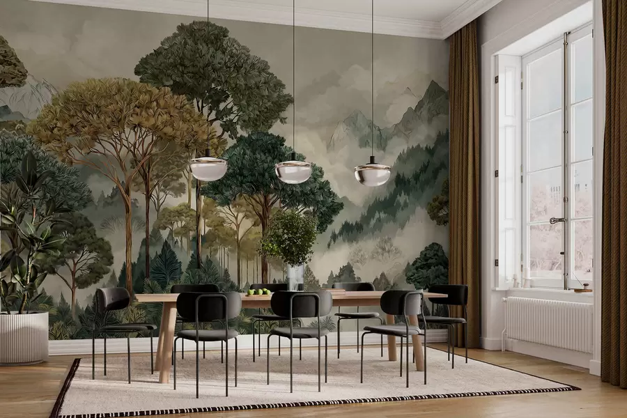 murales Bosque con árboles altos en montañas envueltas en niebla w05410