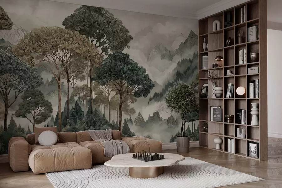 wall murals Mountain landscape with forest in soft tones w05410v1