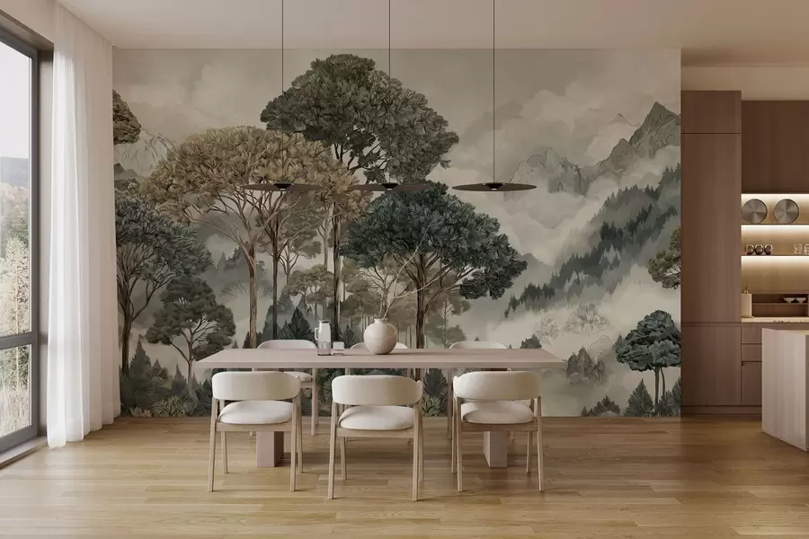 murales Paisaje montañoso con bosque en tonos suaves w05410v1