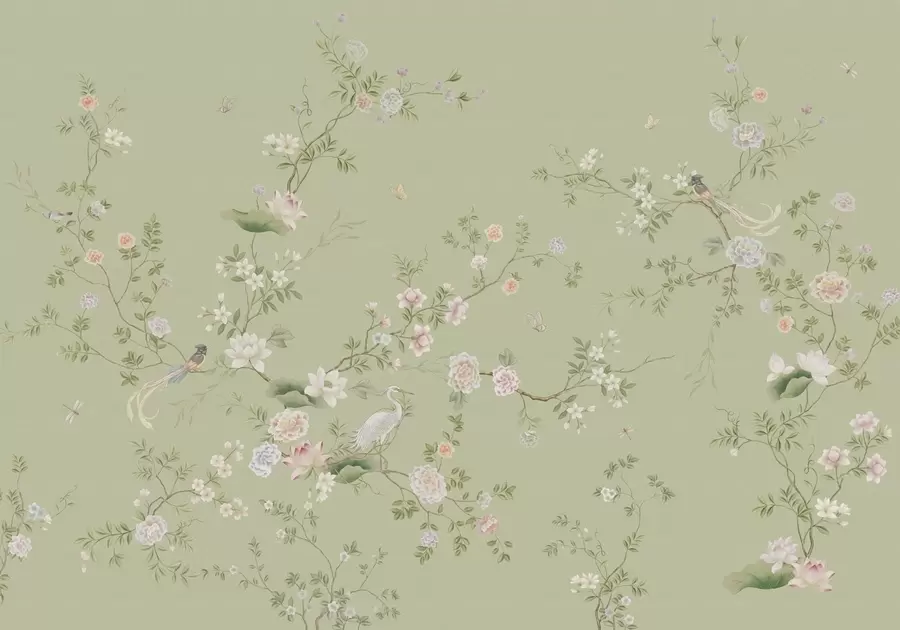 peintures murales Branches fleuries avec des oiseaux sur fond vert clair w05416