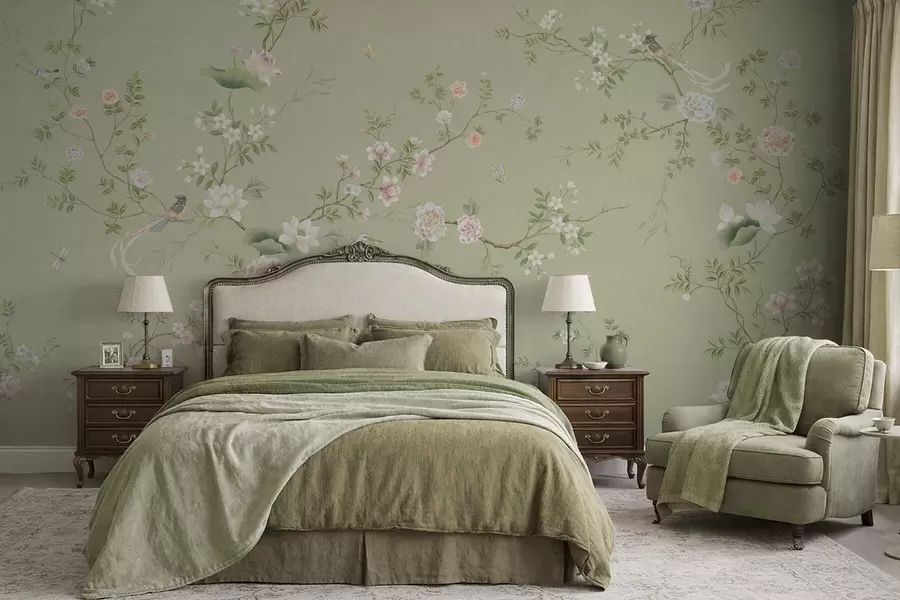 Wall Mural Photo Wallpaper Flowering branches with birds on light green w05416
