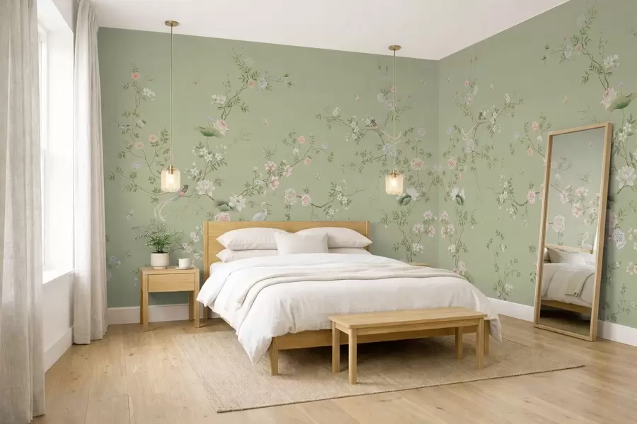 Wall Mural Photo Wallpaper Flowering branches with birds on light green w05416