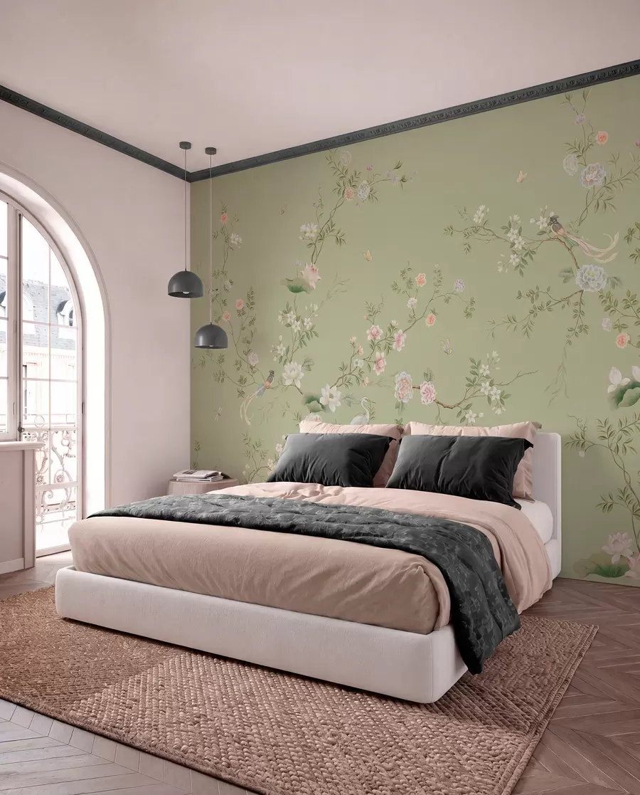 murales Ramas en flor con pájaros sobre un fondo verde claro w05416