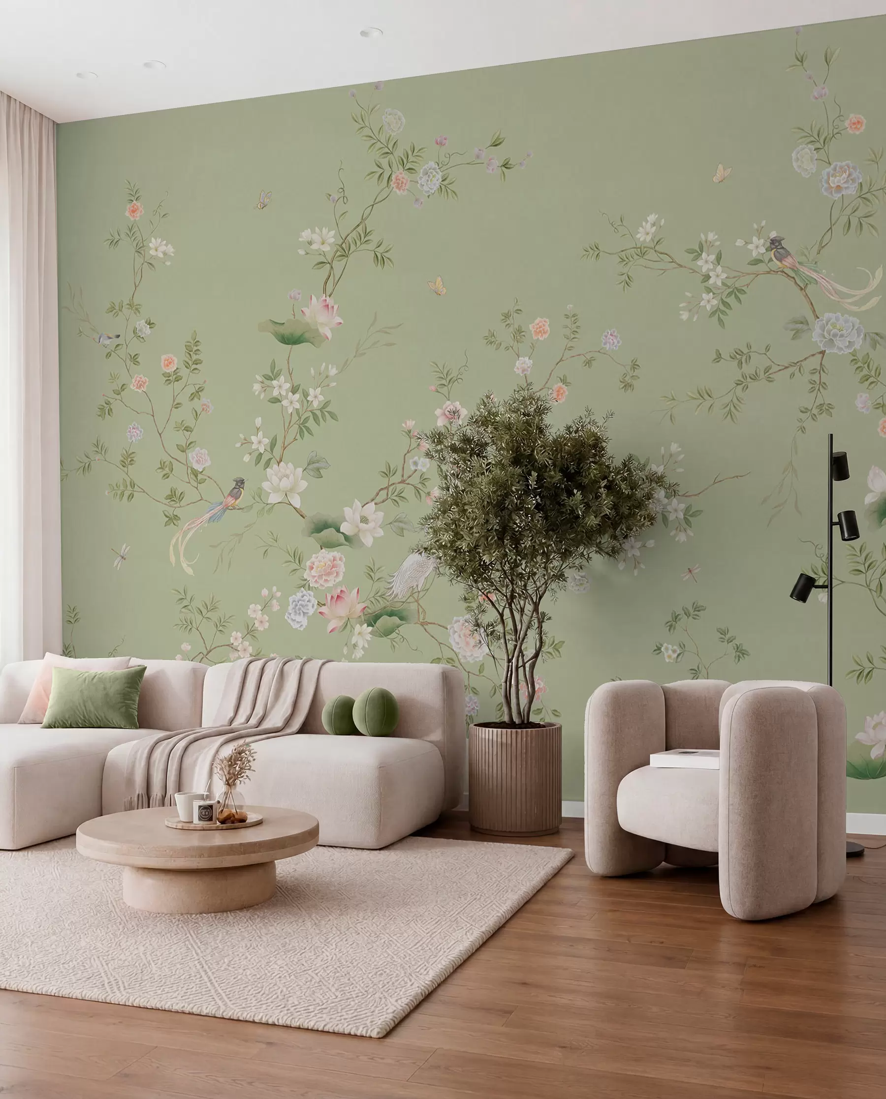 peintures murales Branches fleuries avec des oiseaux sur fond vert clair w05416