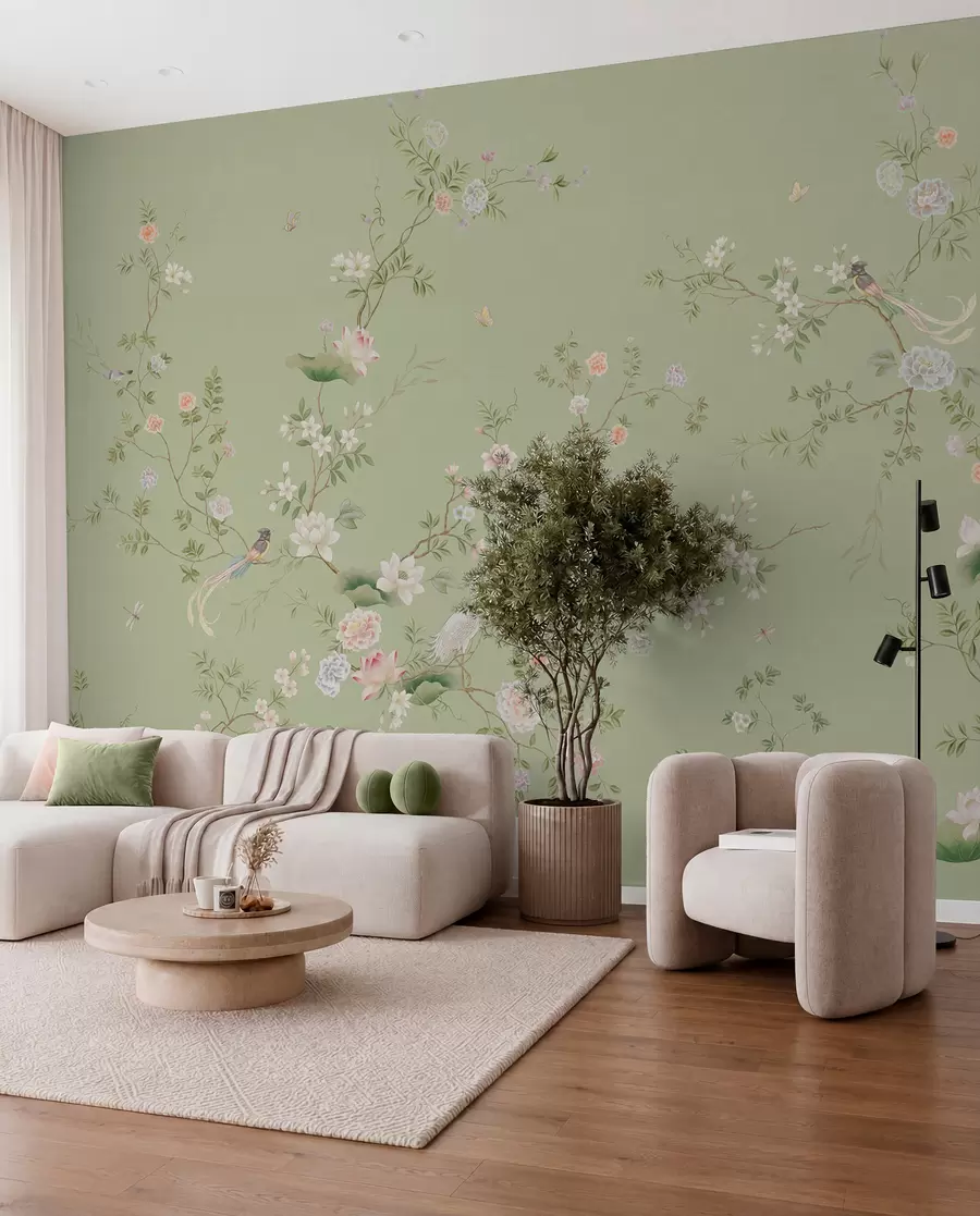 Wall Mural Photo Wallpaper Flowering branches with birds on light green w05416