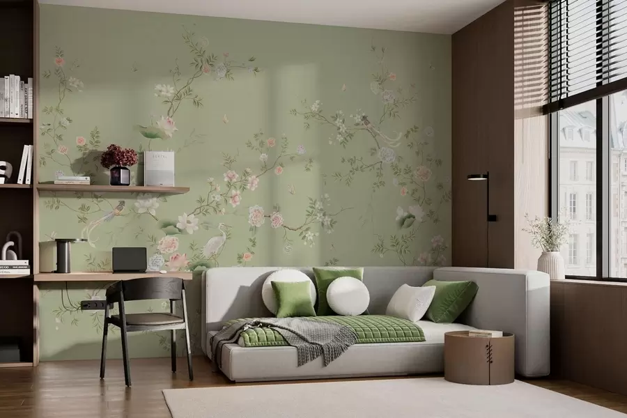 murales Ramas en flor con pájaros sobre un fondo verde claro w05416