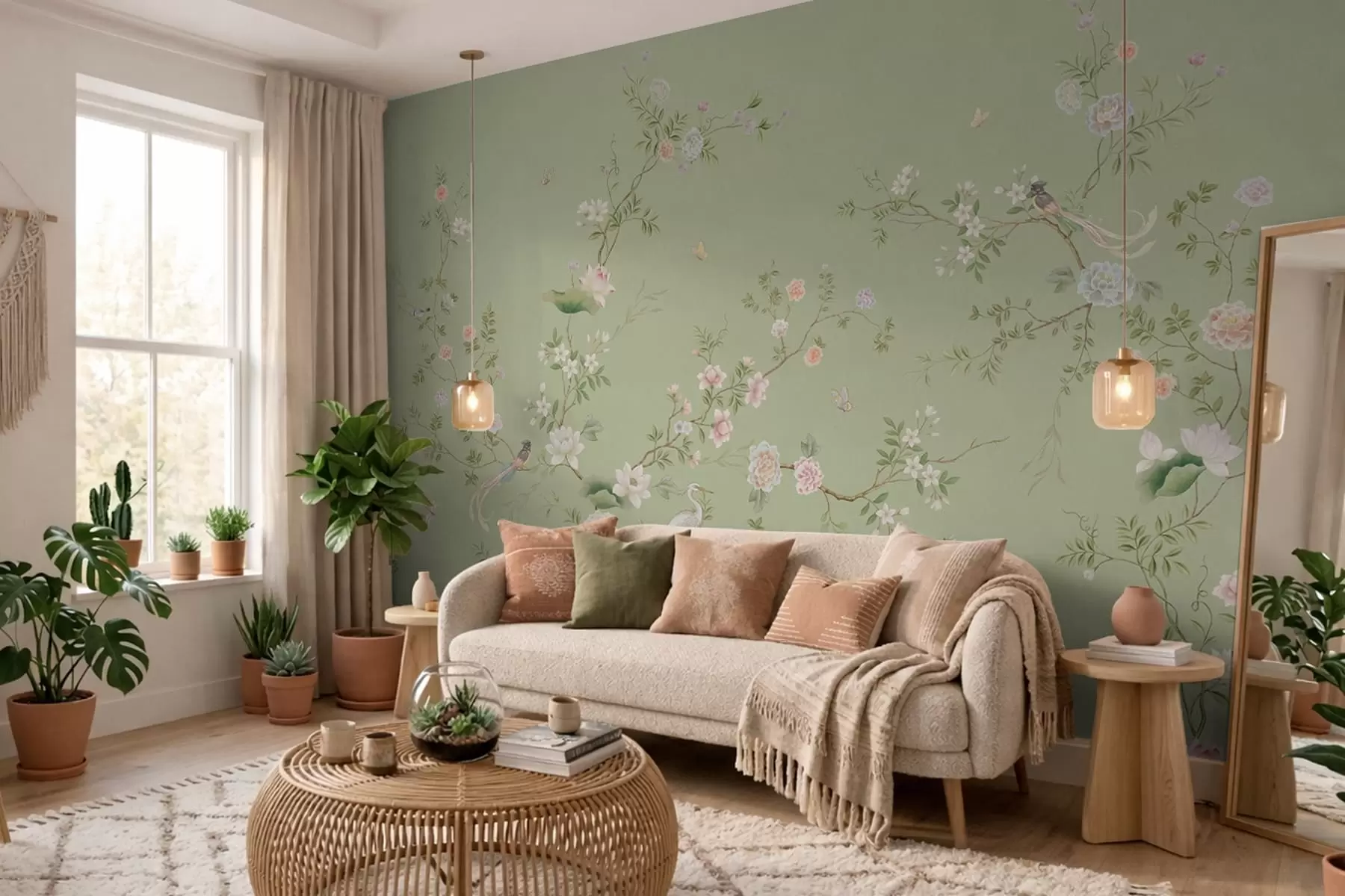 murales Ramas en flor con pájaros sobre un fondo verde claro w05416