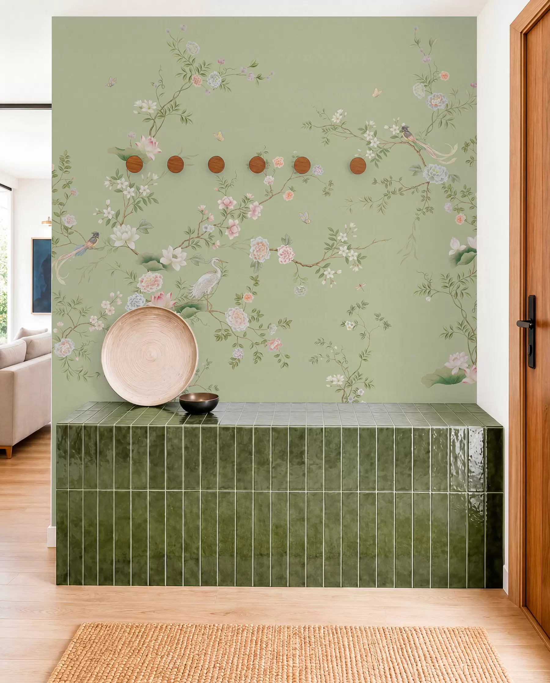 wall murals Flowering branches with birds on light green w05416
