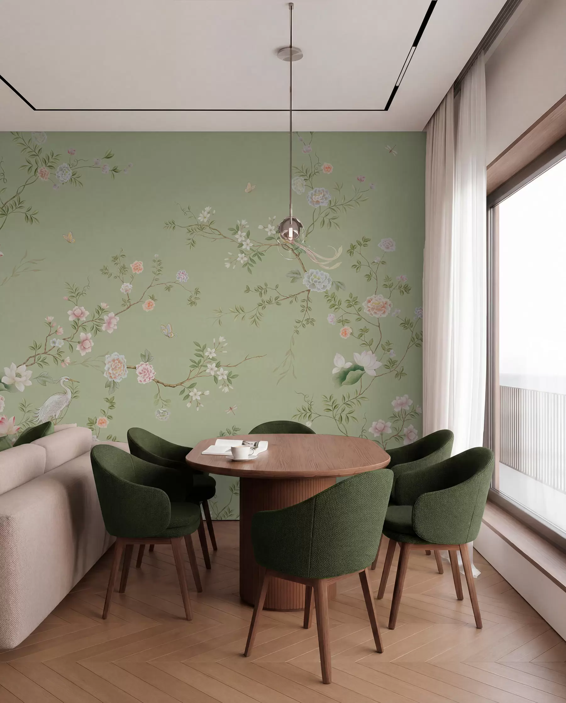 peintures murales Branches fleuries avec des oiseaux sur fond vert clair w05416