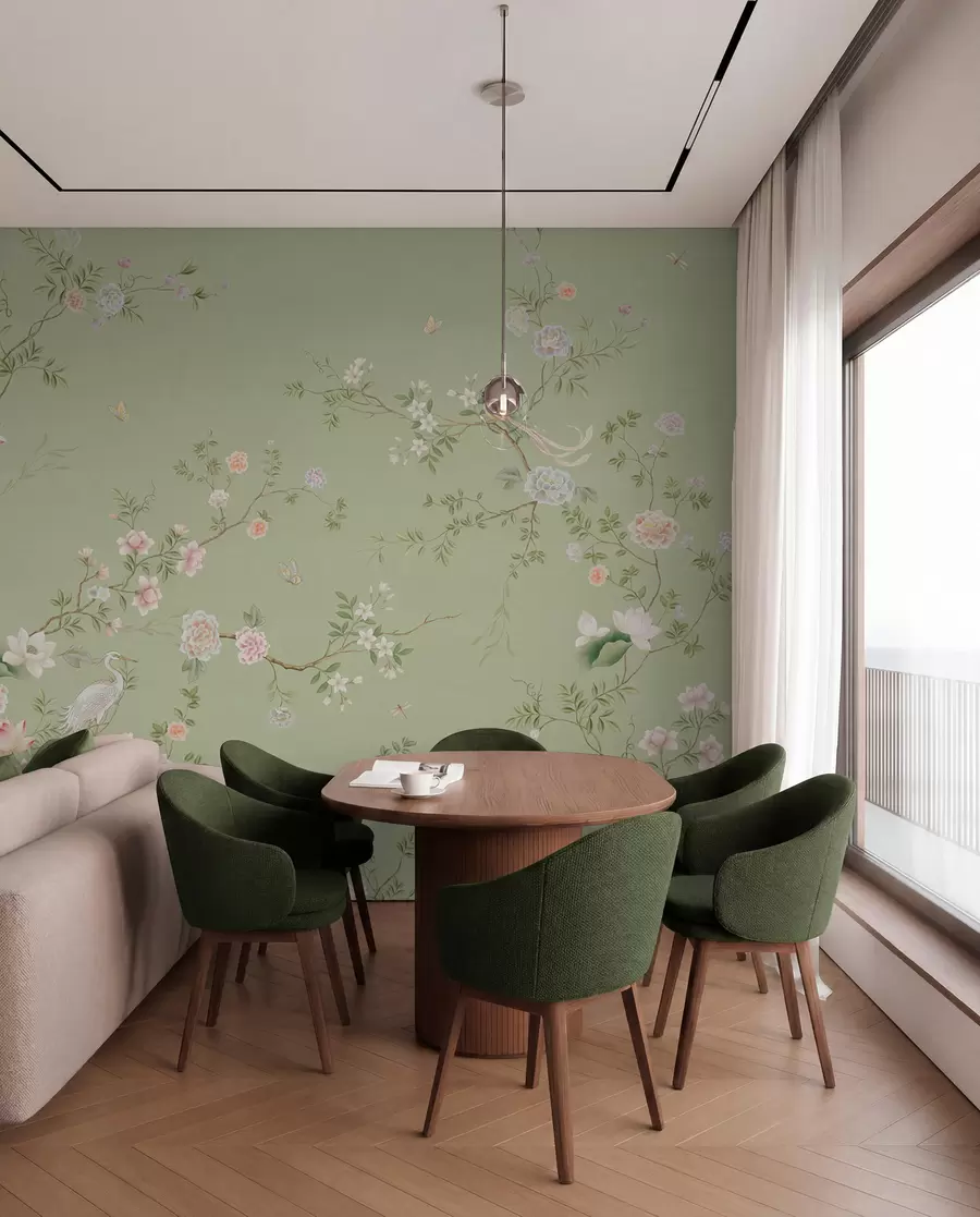 Wall Mural Photo Wallpaper Flowering branches with birds on light green w05416