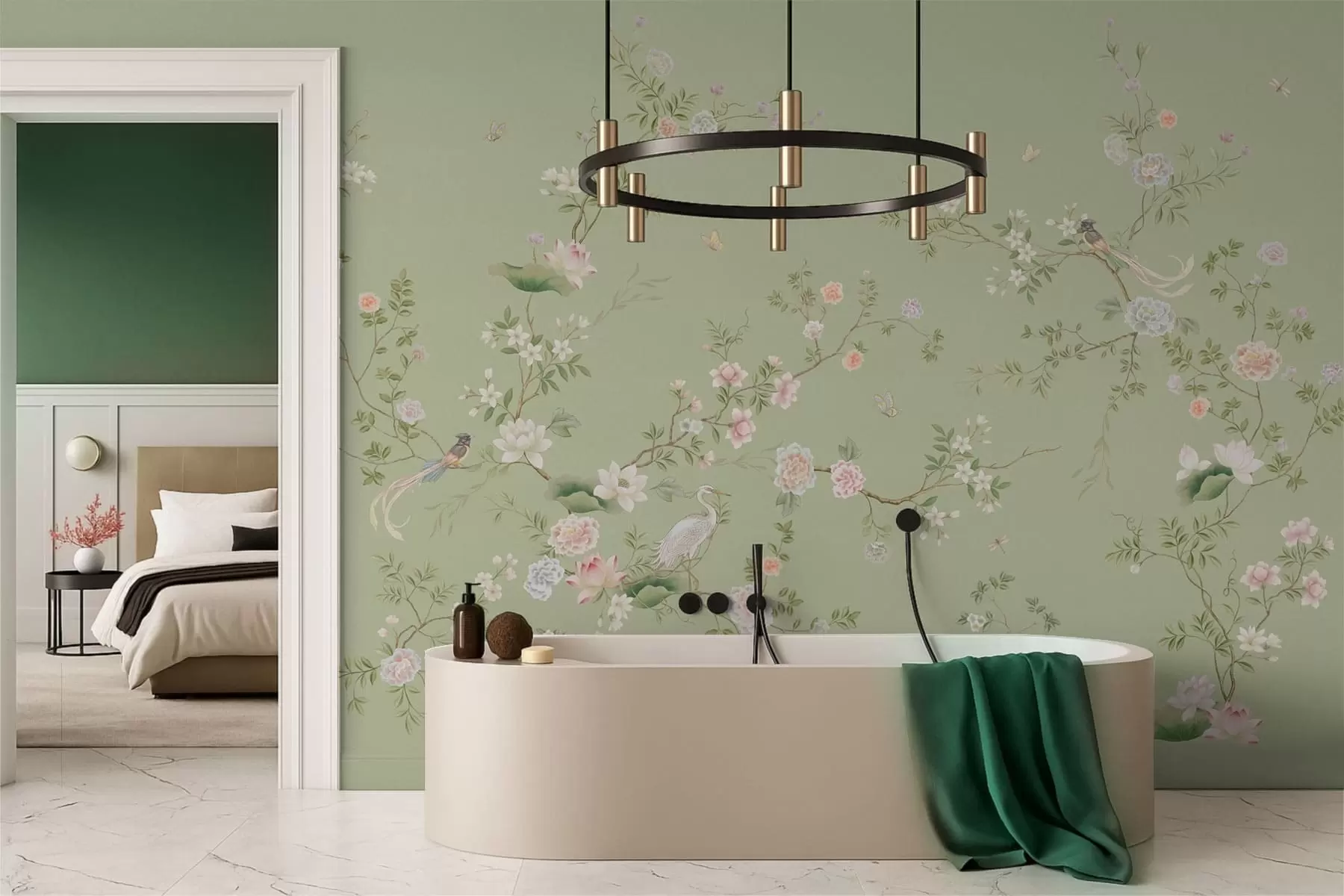 peintures murales Branches fleuries avec des oiseaux sur fond vert clair w05416