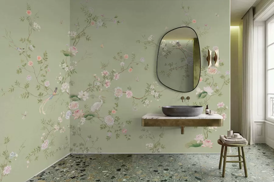 Wall Mural Photo Wallpaper Flowering branches with birds on light green w05416