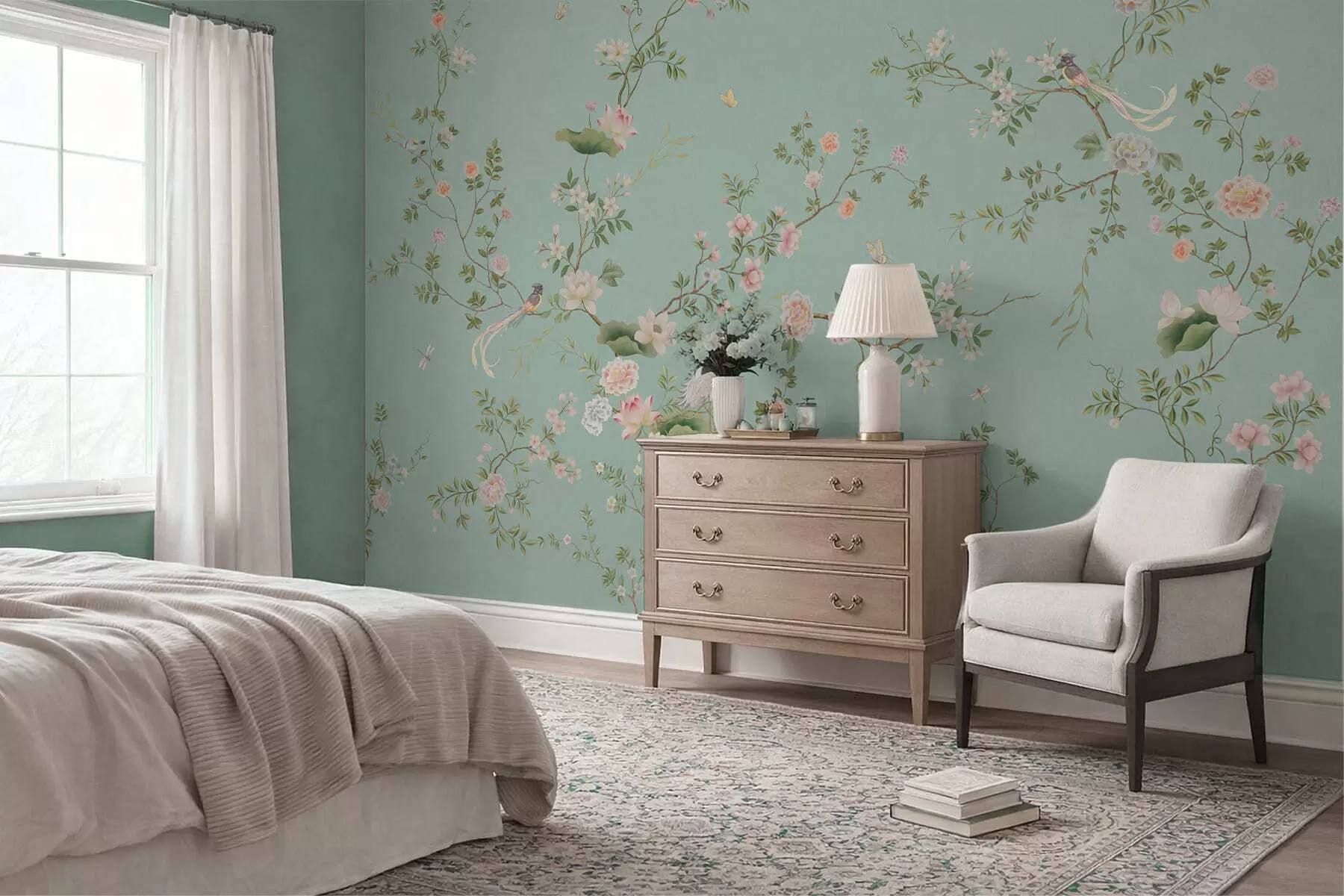 murales Ramas en flor con pájaros sobre fondo azul w05416v1