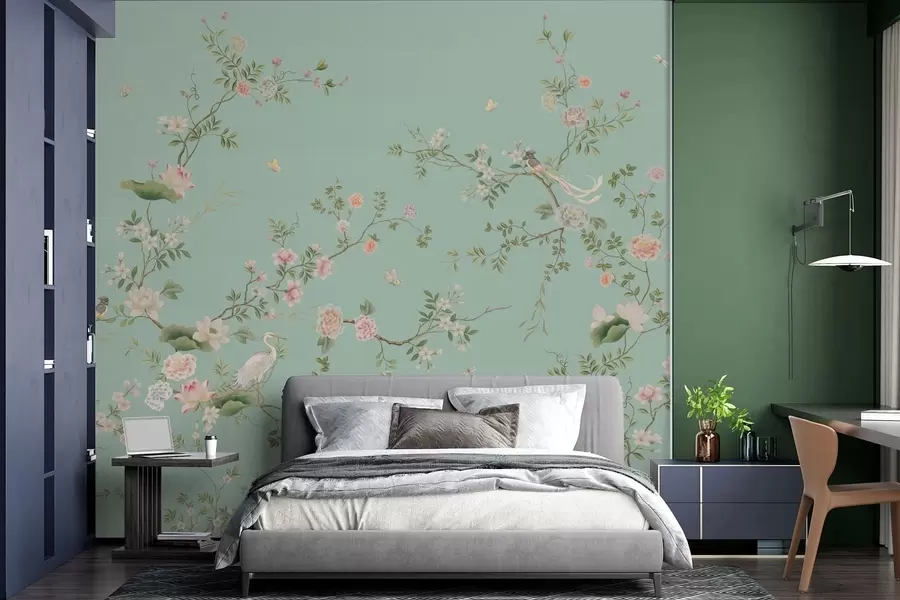 Wall Mural Photo Wallpaper Flowering branches with birds on blue background w05416v1