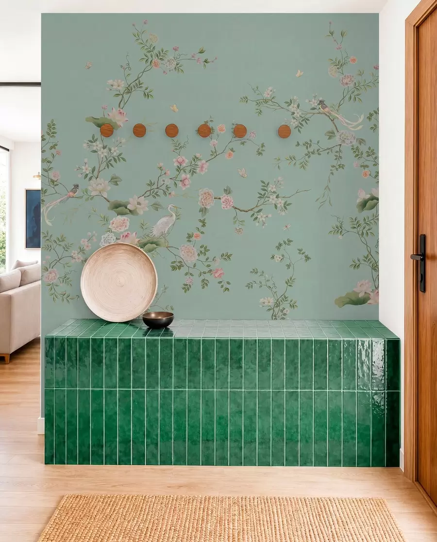 murales Ramas en flor con pájaros sobre fondo azul w05416v1