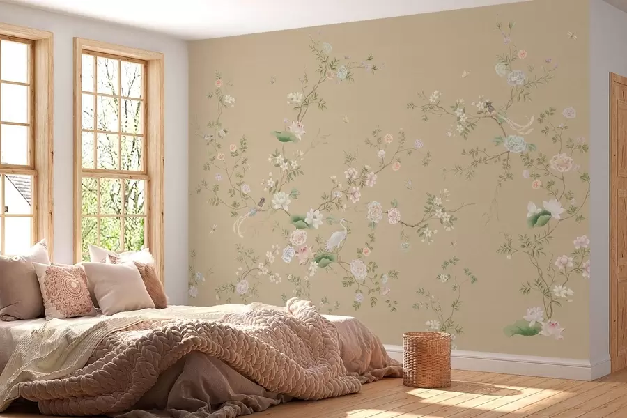 murales Ramas en flor con pájaros sobre un fondo beige cálido w05416v2