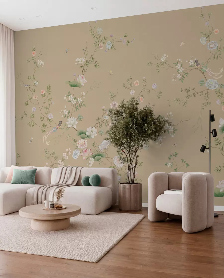 Wall Mural Photo Wallpaper Flowering branches with birds on warm beige w05416v2