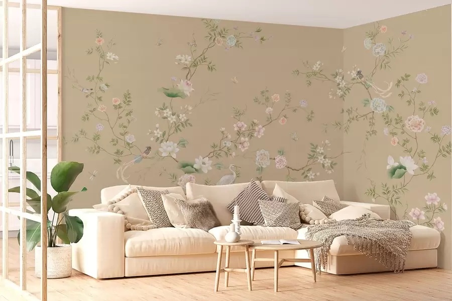wall murals Flowering branches with birds on warm beige w05416v2