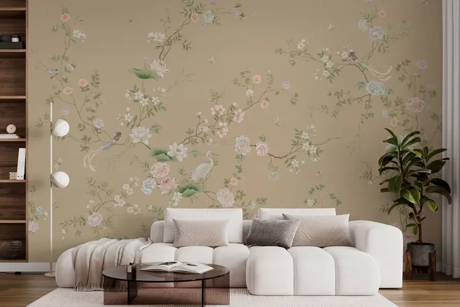 Wall Mural Photo Wallpaper Flowering branches with birds on warm beige w05416v2