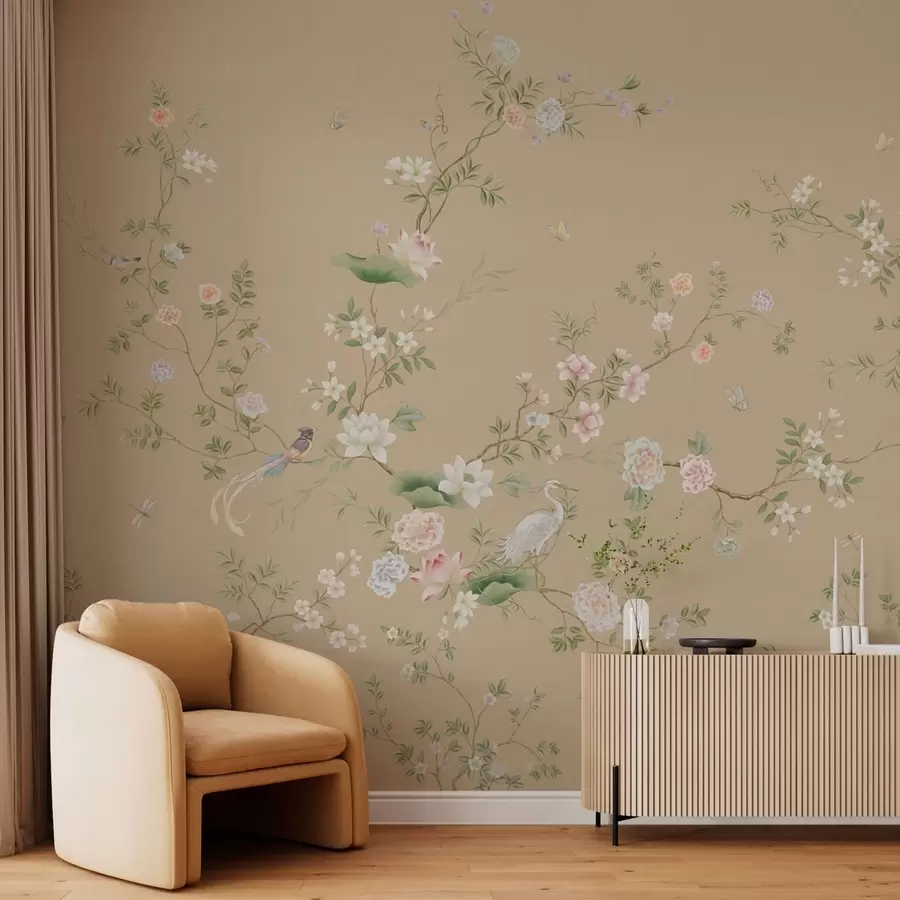 wall murals Flowering branches with birds on warm beige w05416v2
