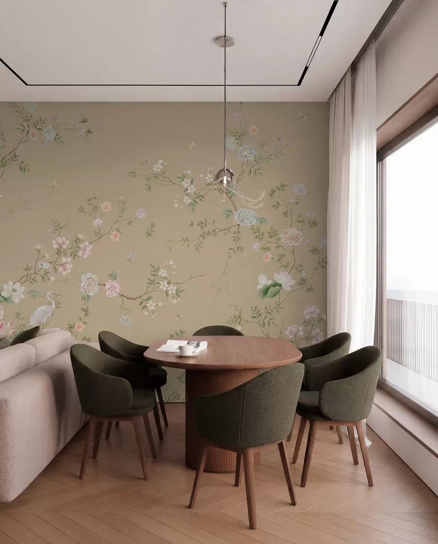 Wall Mural Photo Wallpaper Flowering branches with birds on warm beige w05416v2
