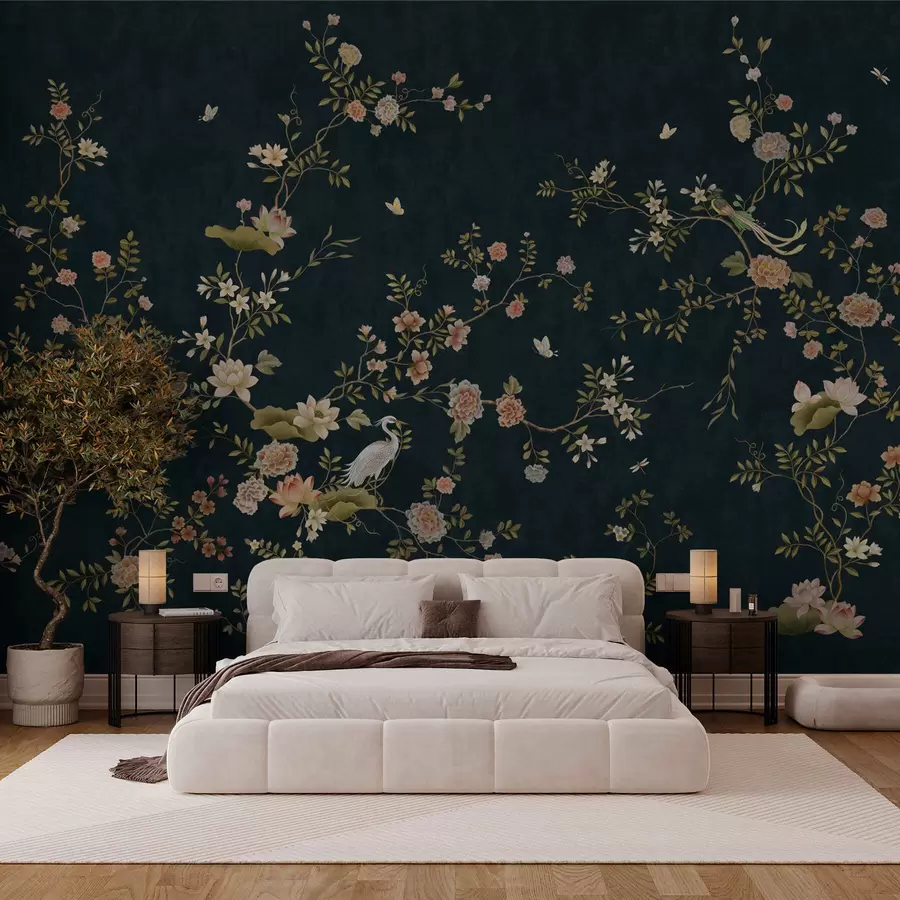 Wall Mural Photo Wallpaper Flowering branches with birds on dark background w05416v3