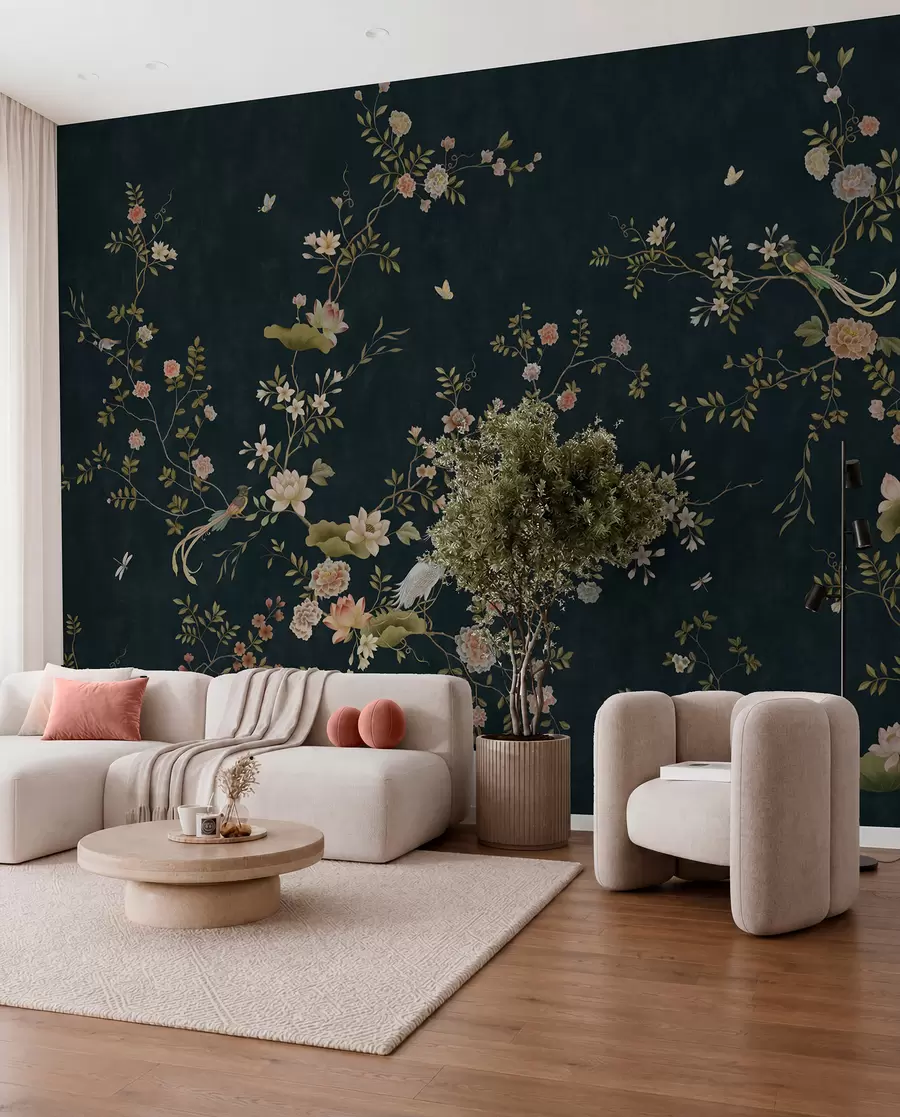 Wall Mural Photo Wallpaper Flowering branches with birds on dark background w05416v3