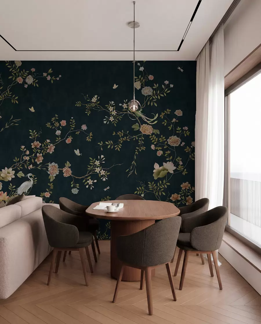 Wall Mural Photo Wallpaper Flowering branches with birds on dark background w05416v3