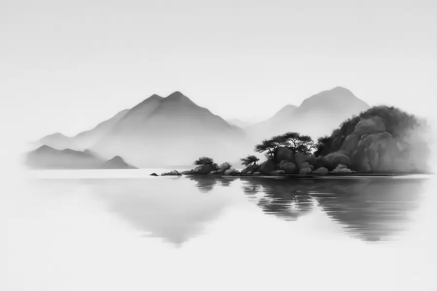 wall murals Black and white landscape with mountains and lake in soft mist w09803