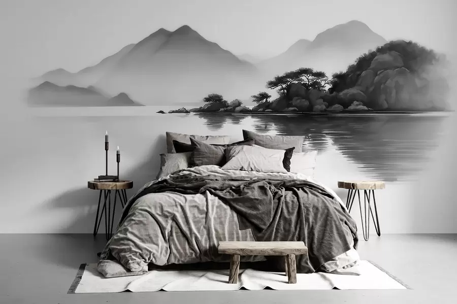 Wall Mural Photo Wallpaper Black and white landscape with mountains and lake in soft mist w09803