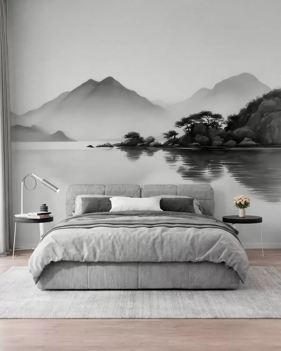 murales Paisaje en blanco y negro con montañas y un lago envueltos en una suave niebla w09803