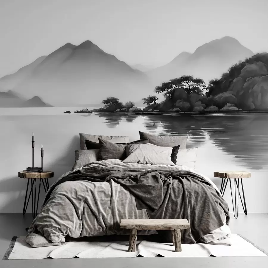 Wall Mural Photo Wallpaper Black and white landscape with mountains and lake in soft mist w09803
