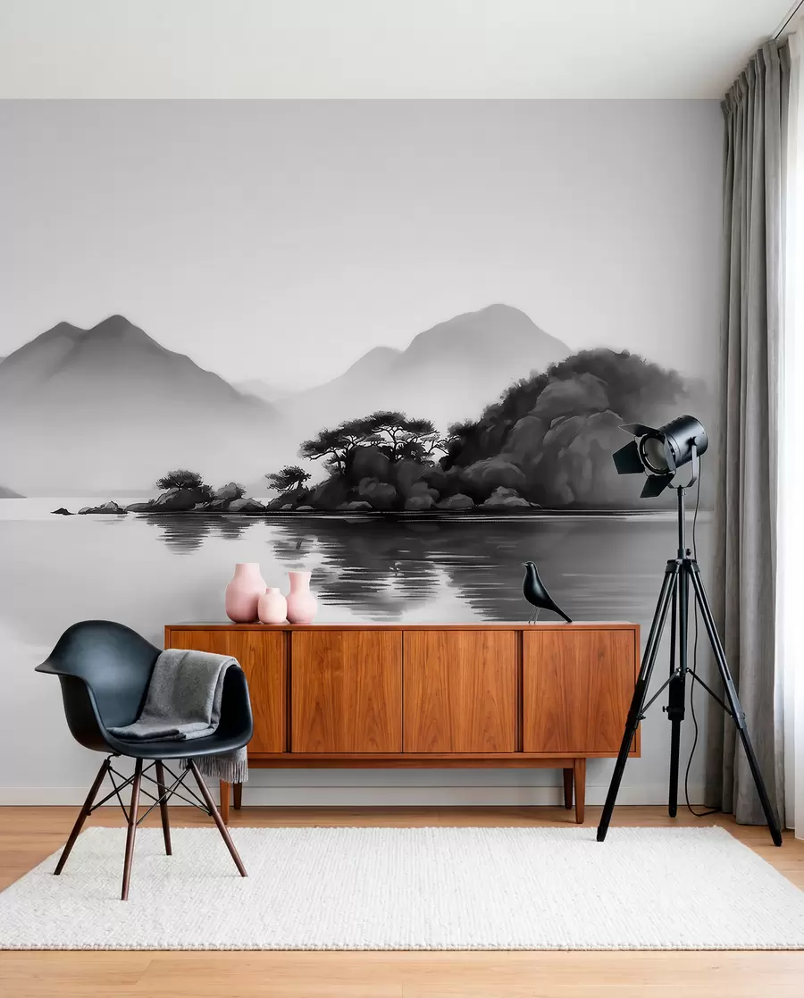 Wall Mural Photo Wallpaper Black and white landscape with mountains and lake in soft mist w09803