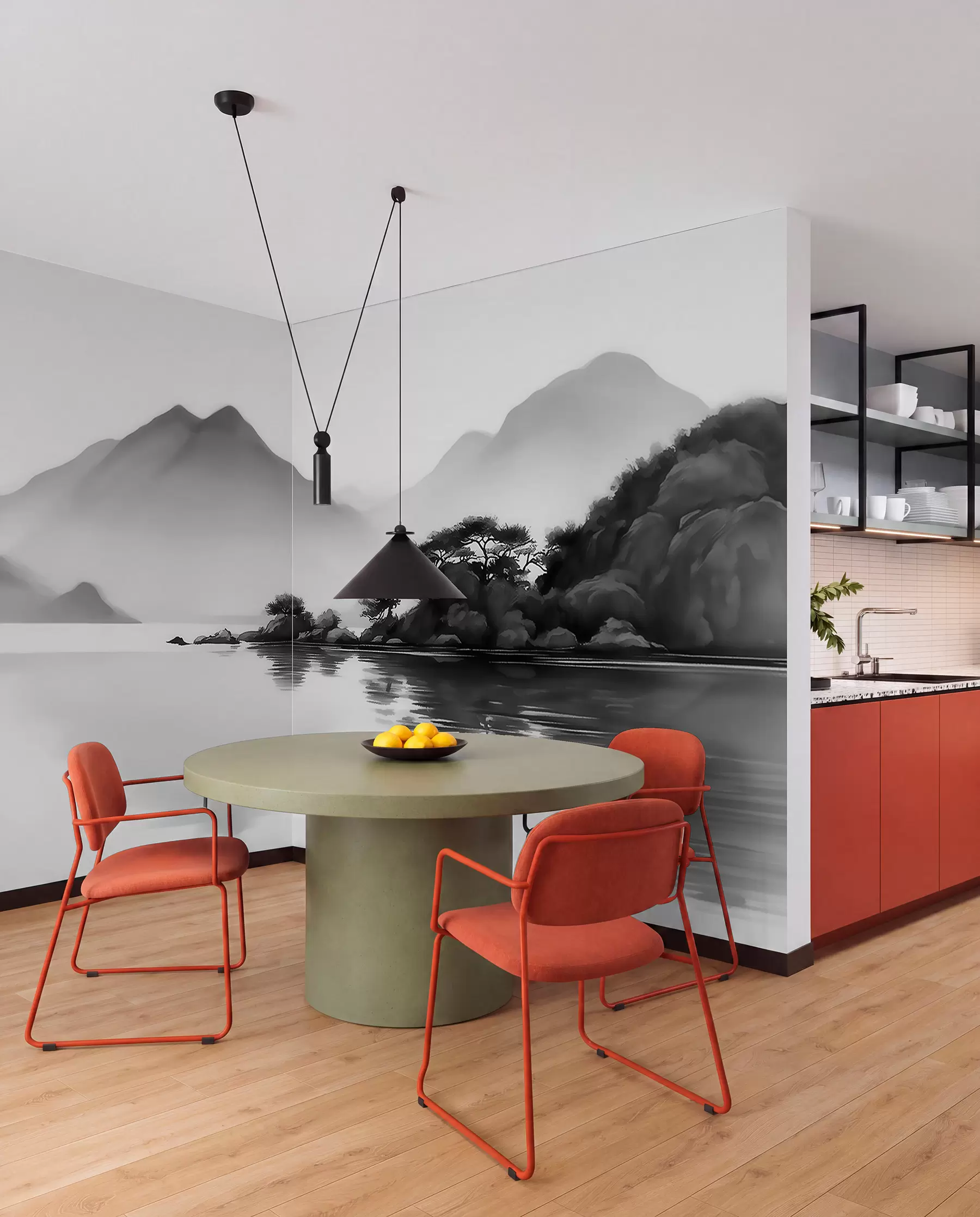Wall Mural Photo Wallpaper Black and white landscape with mountains and lake in soft mist w09803