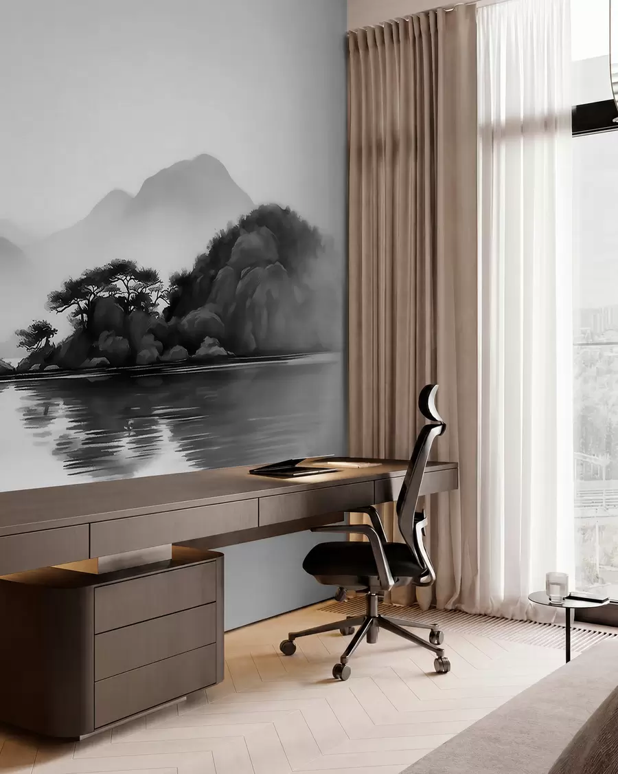 Wall Mural Photo Wallpaper Black and white landscape with mountains and lake in soft mist w09803