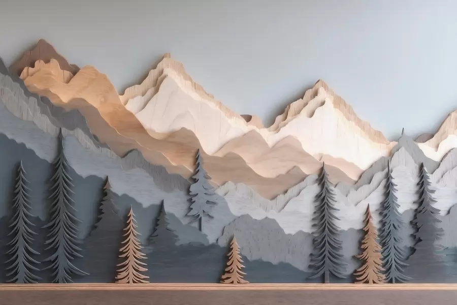 Wall Mural Photo Wallpaper Natural landscape with pine trees and mountains in carved wood style w09793