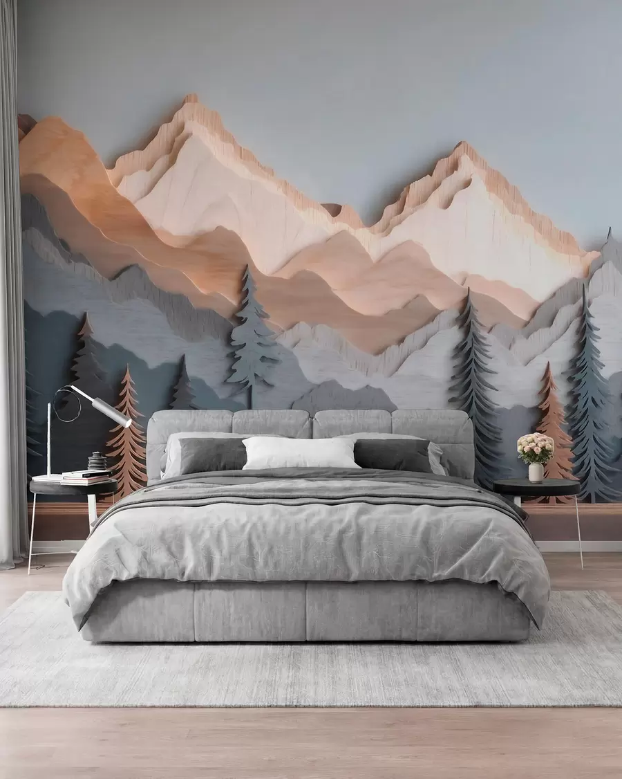 Wall Mural Photo Wallpaper Natural landscape with pine trees and mountains in carved wood style w09793