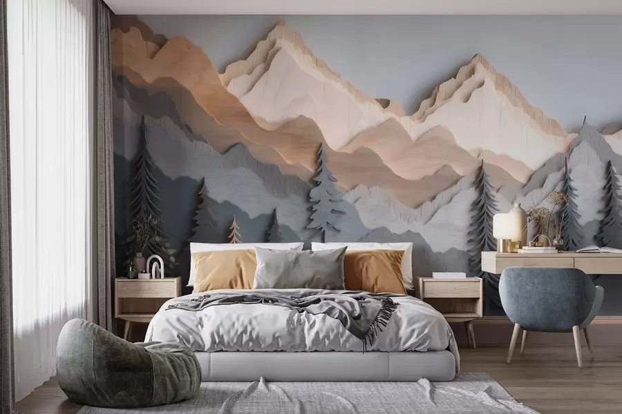 Wall Mural Photo Wallpaper Natural landscape with pine trees and mountains in carved wood style w09793