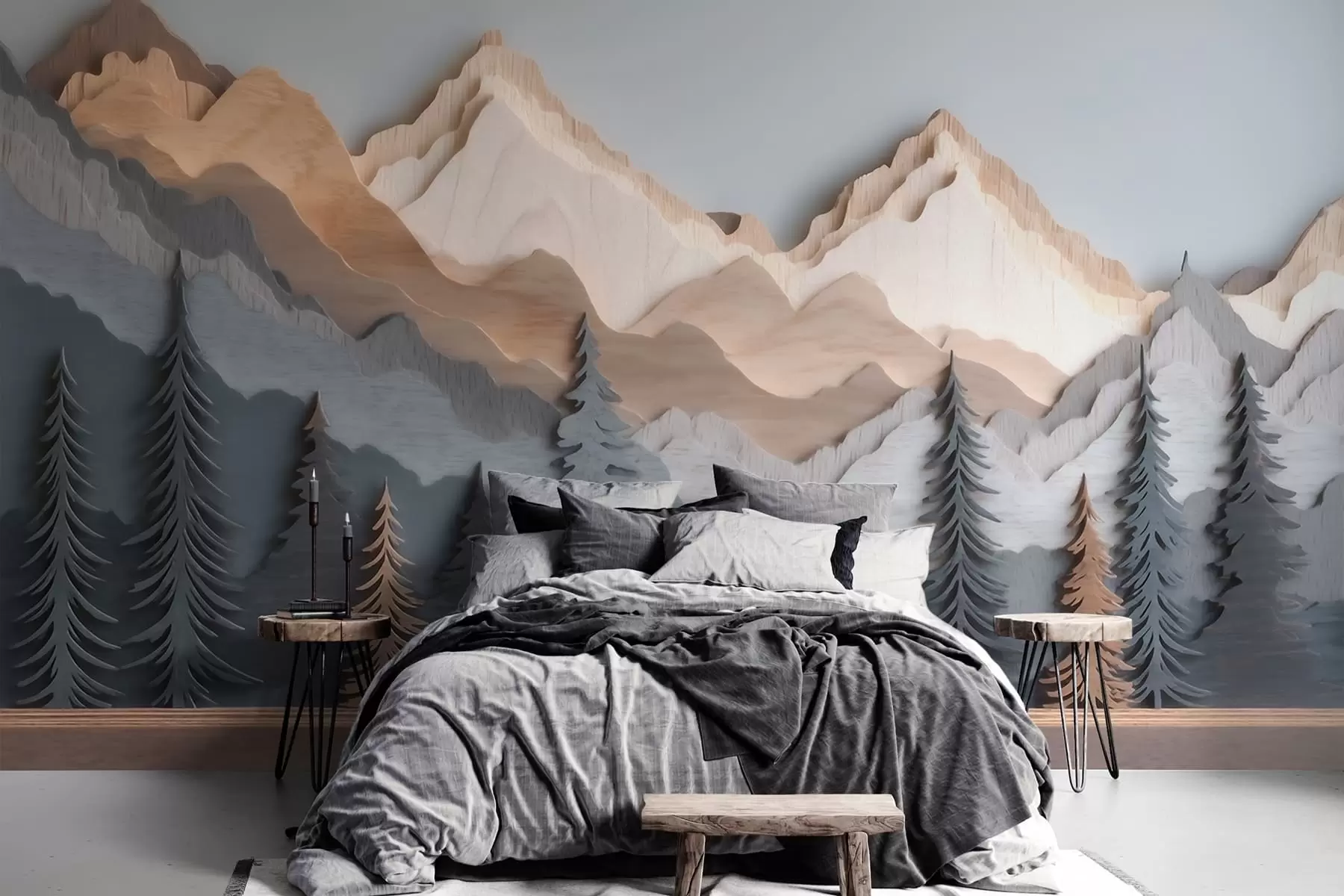 peintures murales Paysage naturel avec des pins et des montagnes, dans un style de sculpture sur bois w09793