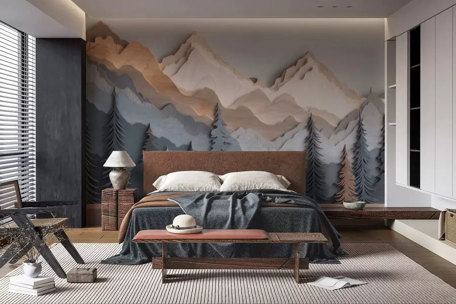 murales Paisaje natural con pinos y montañas, en estilo de madera tallada w09793