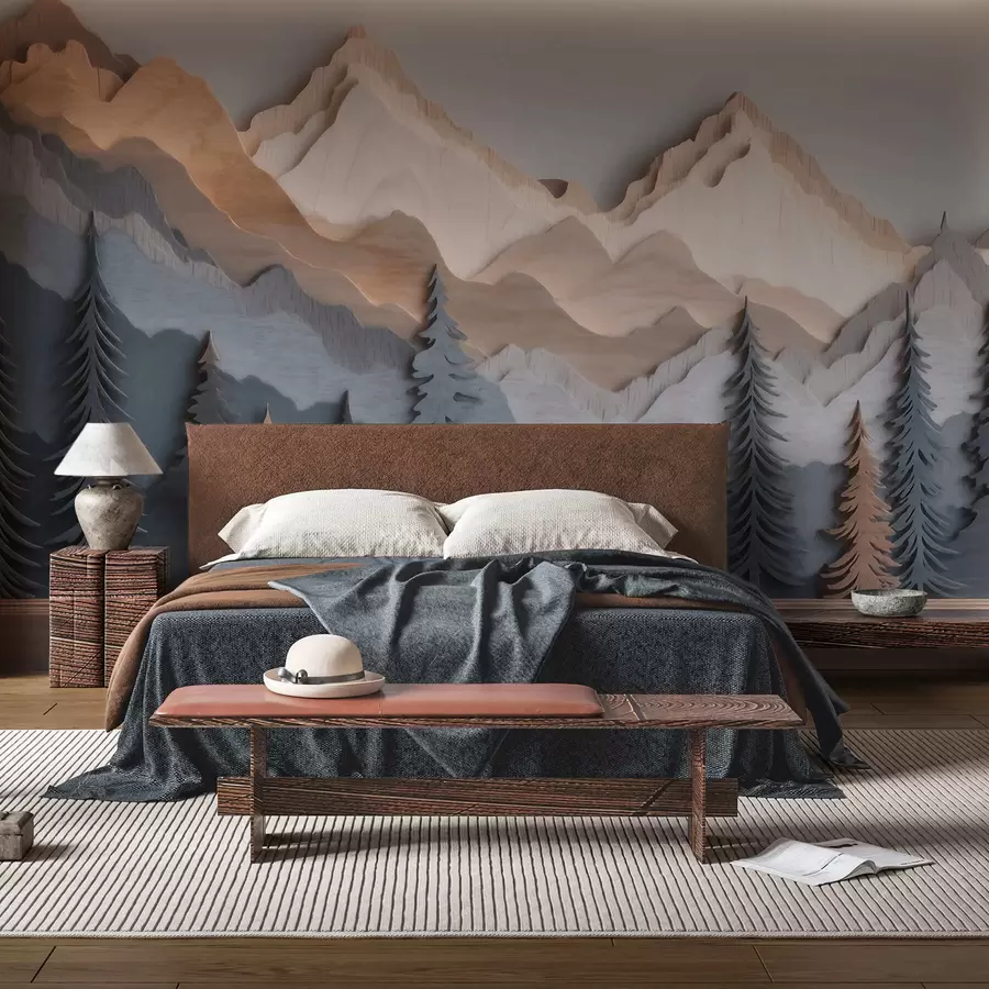 Wall Mural Photo Wallpaper Natural landscape with pine trees and mountains in carved wood style w09793