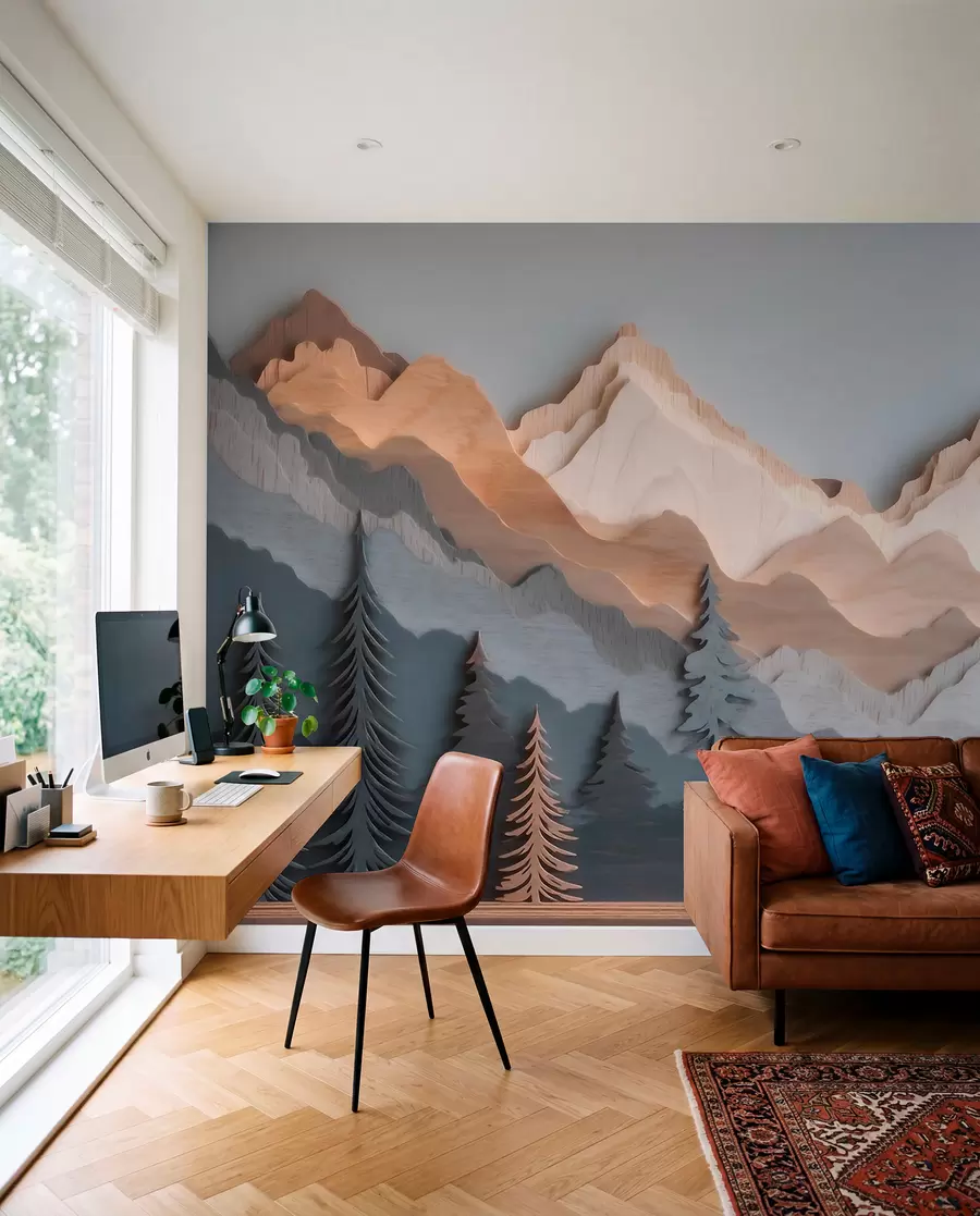 Wall Mural Photo Wallpaper Natural landscape with pine trees and mountains in carved wood style w09793