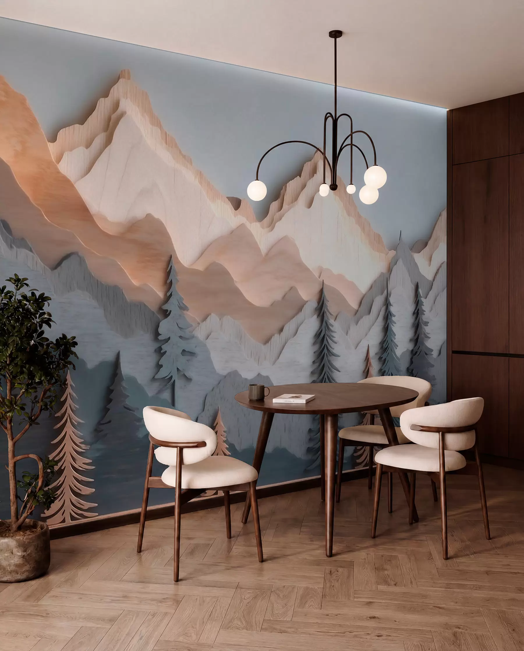 Wall Mural Photo Wallpaper Natural landscape with pine trees and mountains in carved wood style w09793