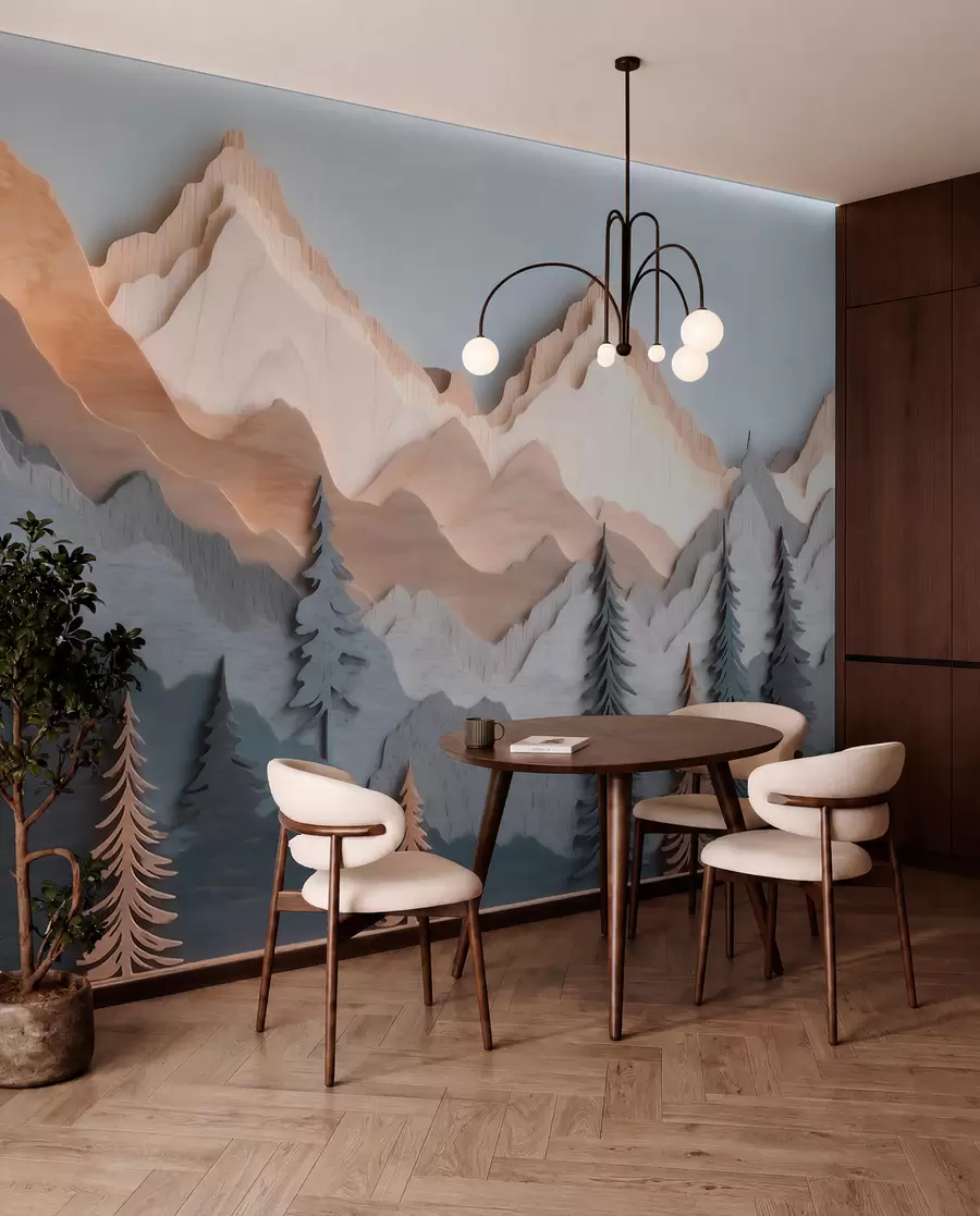 Wall Mural Photo Wallpaper Natural landscape with pine trees and mountains in carved wood style w09793