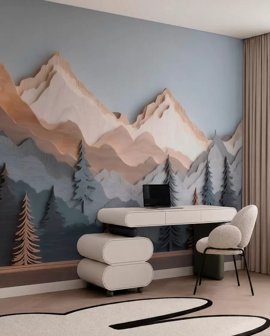 Wall Mural Photo Wallpaper Natural landscape with pine trees and mountains in carved wood style w09793
