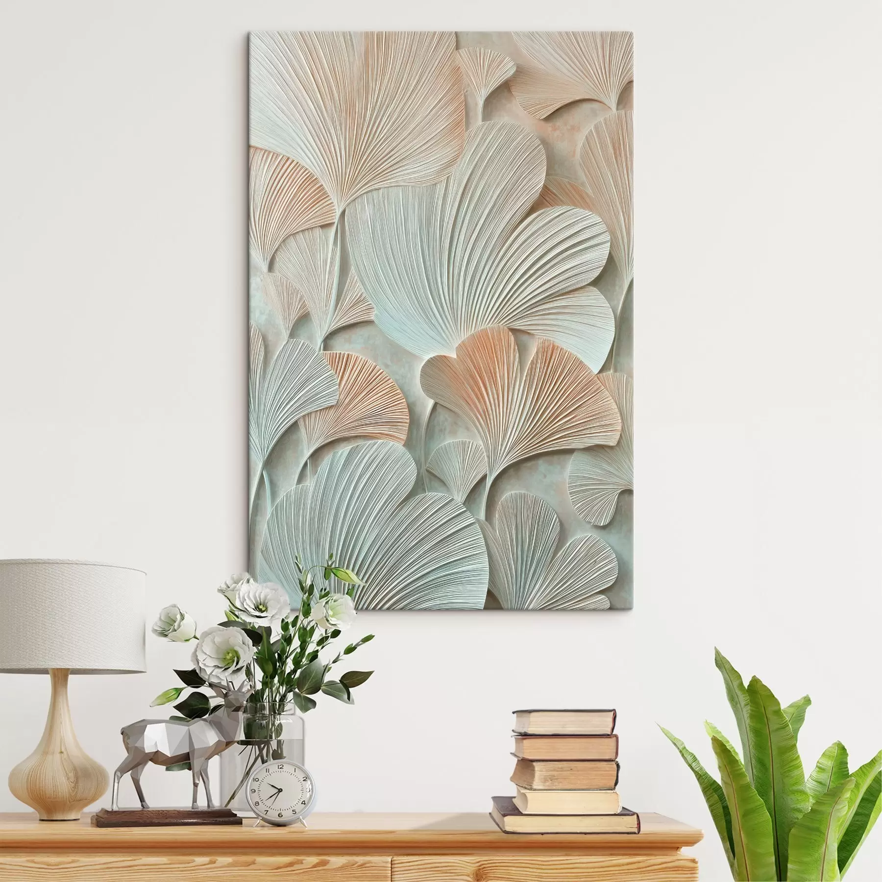 wall murals Stylized ginkgo biloba leaves with volumetric texture in pastel tones s48209